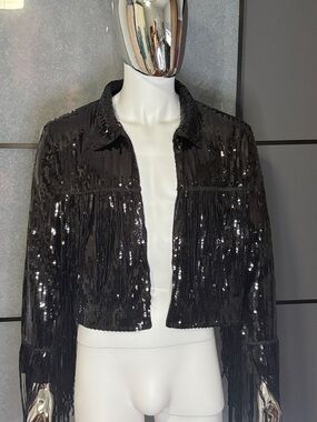 Black Sequin Fringe Cropped Blazer